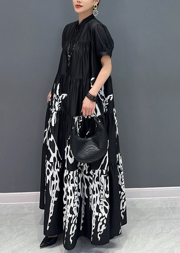 Black Stand Collar Button Maxi Dress Short Sleeve