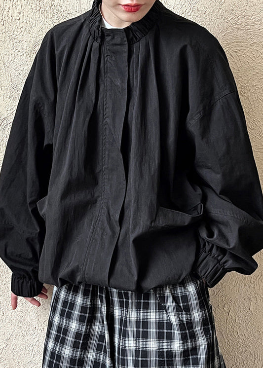 Black Stand Collar Wrinkled Coat Fall