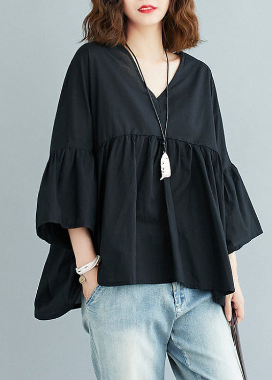 V-Neck Patchwork Asymmetric Design Fall Black Top Three Quarter sleeve