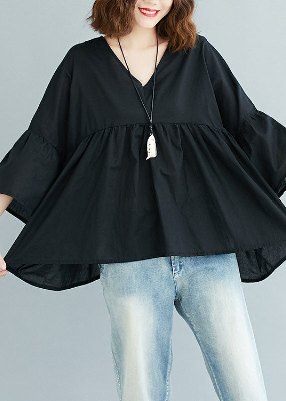 V-Neck Patchwork Asymmetric Design Fall Black Top Three Quarter sleeve