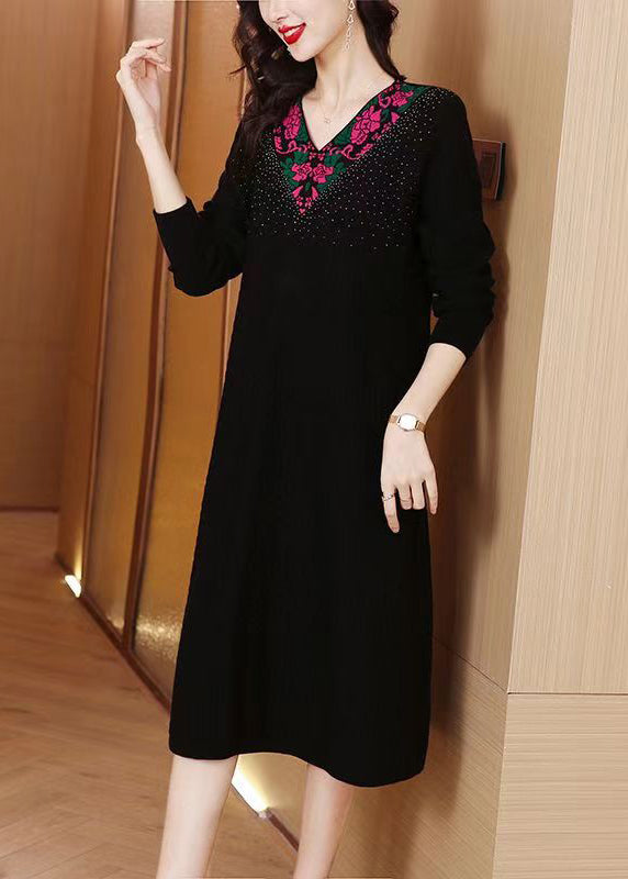 Black Zircon Patchwork Knit Winter Sweater Dress V Neck