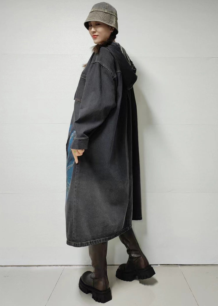 Black Button Pockets Denim Dress Hooded Fall