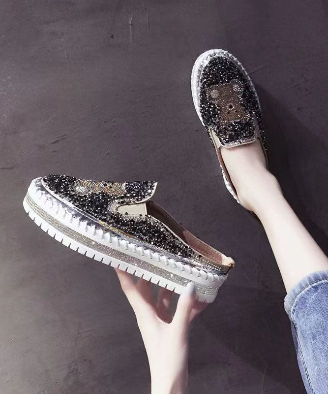 Black Cartoon Zircon Splicing Casual Platform Slide Sandals