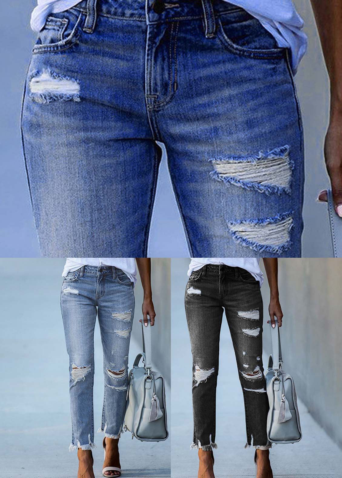 Summer black high waist denim ripped pants