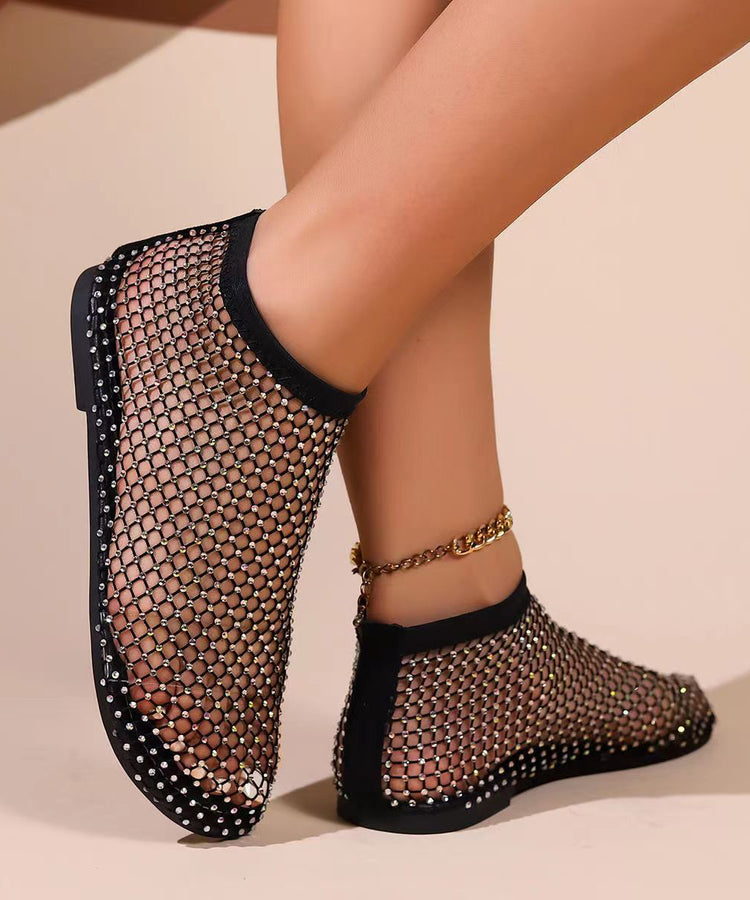 Black Hollow Out Zircon Flat Sandals Breathable Mesh 2024 New