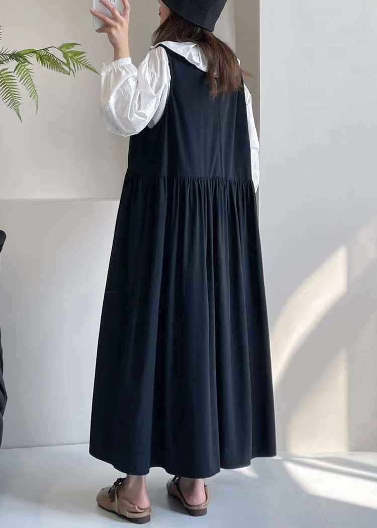 Black O-Neck Patchwork Wrinkled Maxi Dress Summer