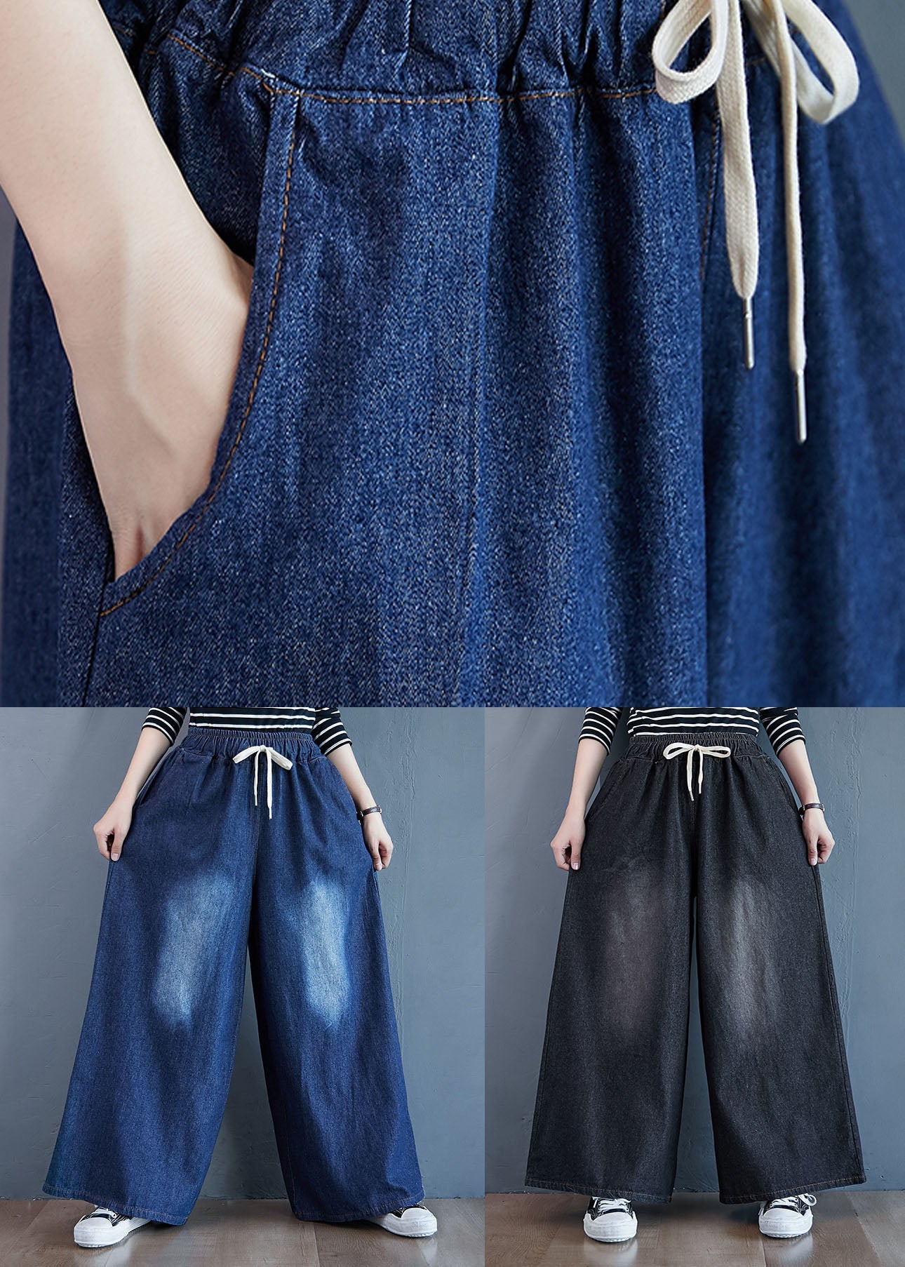 Black Pockets Patchwork Stretch Wide Leg Denim Pants Spring