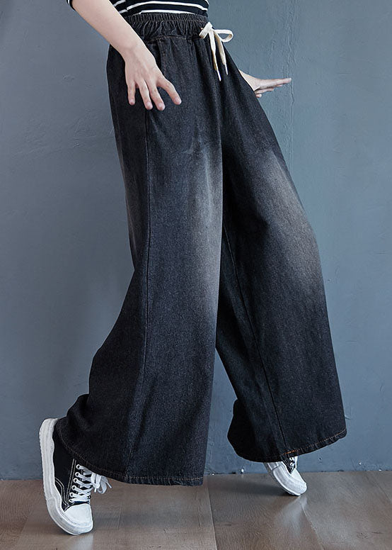 Black Pockets Patchwork Stretch Wide Leg Denim Pants Spring