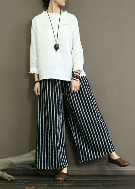 Summer Black Linen Pocket Stripe Straight Leg Pants