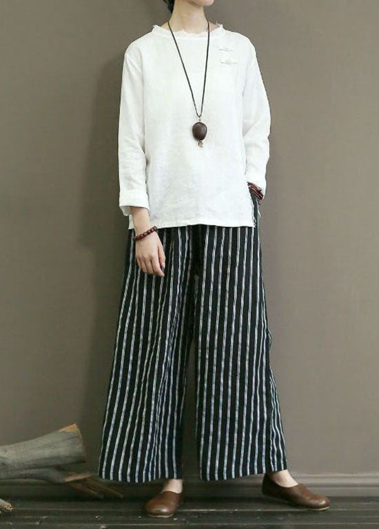 Summer Black Linen Pocket Stripe Straight Leg Pants