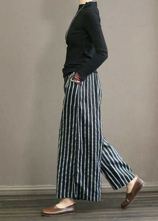 Summer Black Linen Pocket Stripe Straight Leg Pants