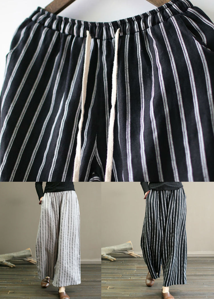 Summer Black Linen Pocket Stripe Straight Leg Pants