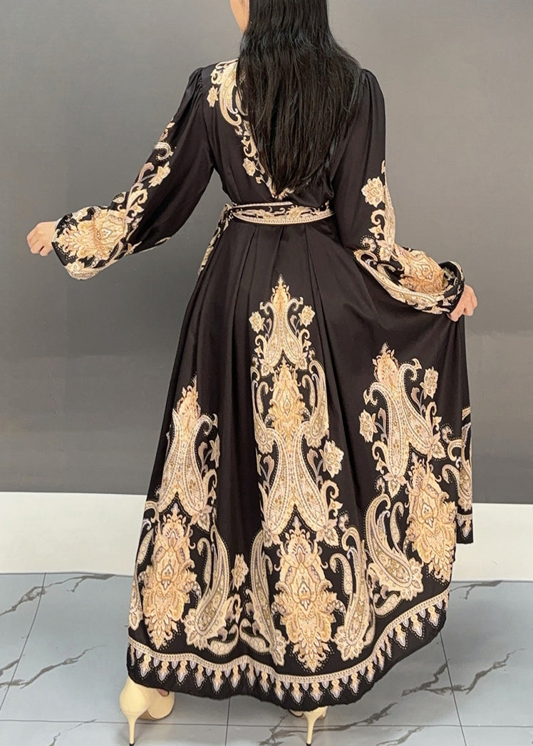 Black Print High Waist Fall Maxi Dresses V Neck