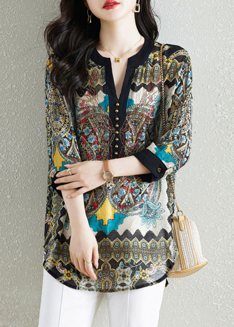 Black Print Patchwork Chiffon Shirt Tops V Neck Nail Bead Summer