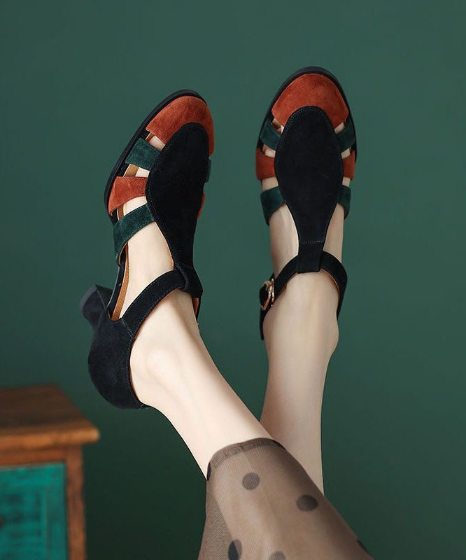 Elegant Black Suede Panel Buckle Strap Block Heel Sandals