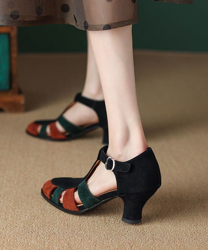 Elegant Black Suede Panel Buckle Strap Block Heel Sandals