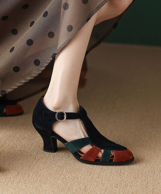 Elegant Black Suede Panel Buckle Strap Block Heel Sandals