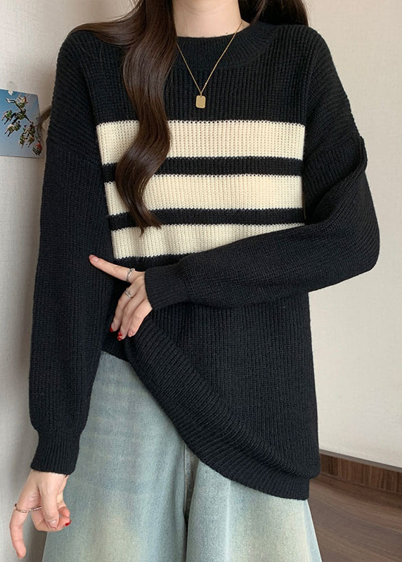 Black Striped Thick Knitted Tops Oversized Fall