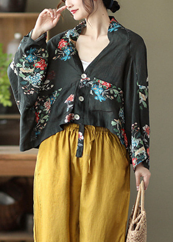 Black V Neck Low High Design Linen Shirt Batwing Sleeve