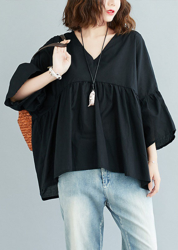 V-Neck Patchwork Asymmetric Design Fall Black Top Three Quarter sleeve