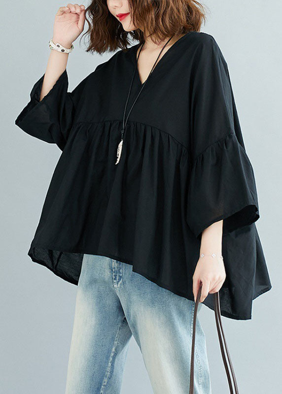 V-Neck Patchwork Asymmetric Design Fall Black Top Three Quarter sleeve