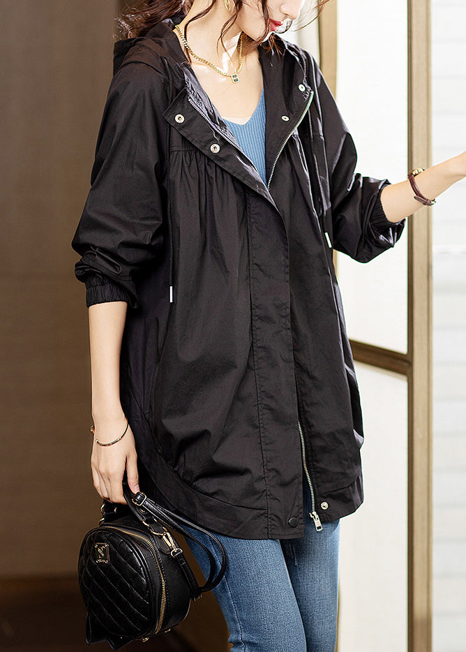 Black Wrinkled Patchwork Cotton Coats Zip Up Long Sleeve