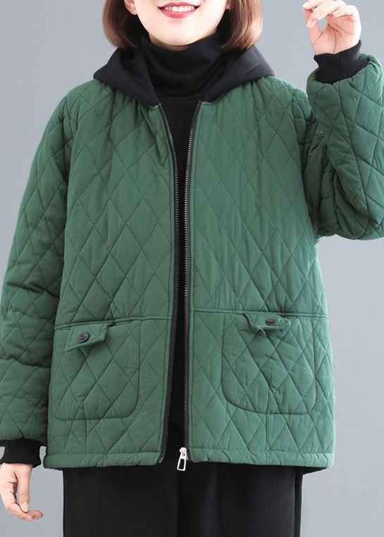 Blackish Green Patchwork Fine Cotton Filled Parka Hooded Pockets Winter