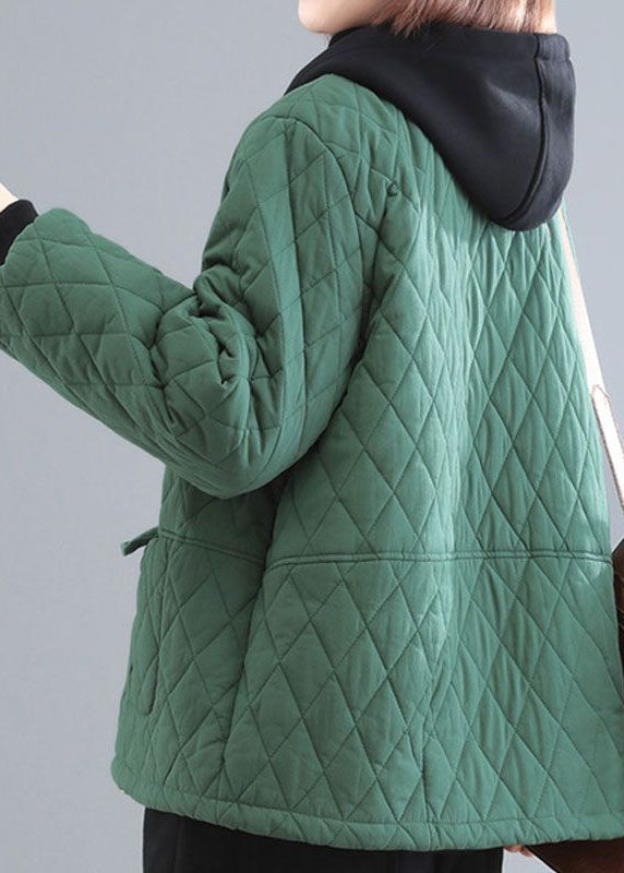 Blackish Green Patchwork Fine Cotton Filled Parka Hooded Pockets Winter