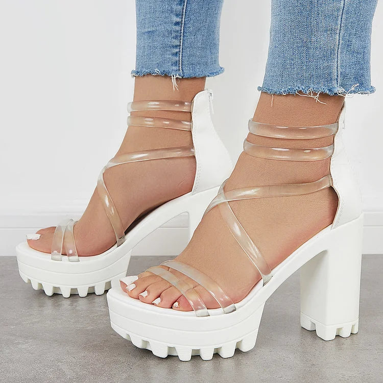 Block Lug Sole Chunky Heels Transparent Ankle Strap Sandals