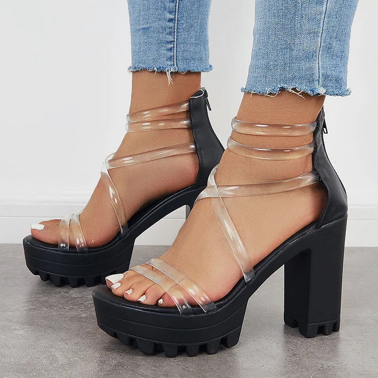 Block Lug Sole Chunky Heels Transparent Ankle Strap Sandals