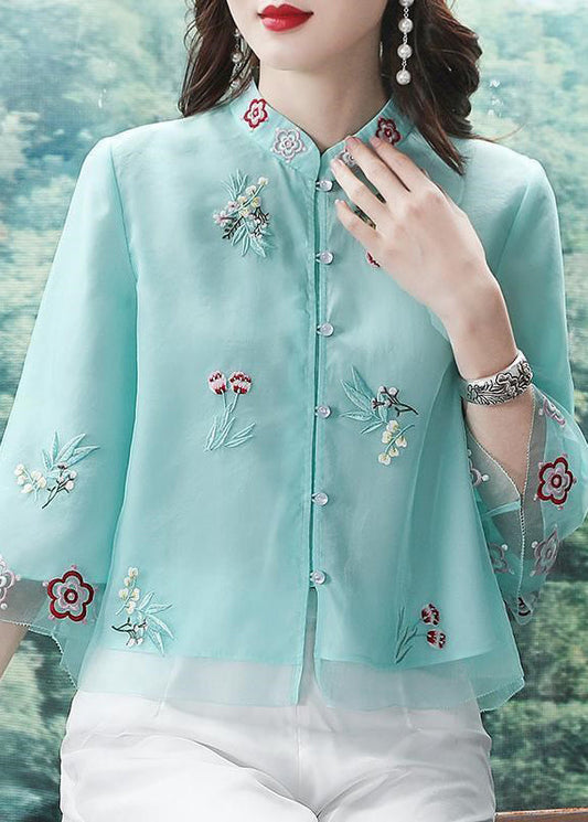 Blue Button Patchwork Shirt Top Embroideried Half Sleeve