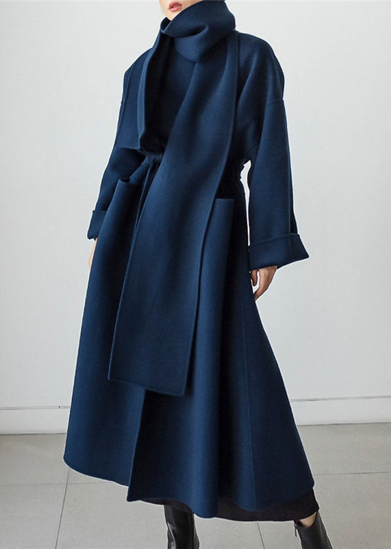 Blue Belted Waist Woolen Fall Coats Long Sleeves