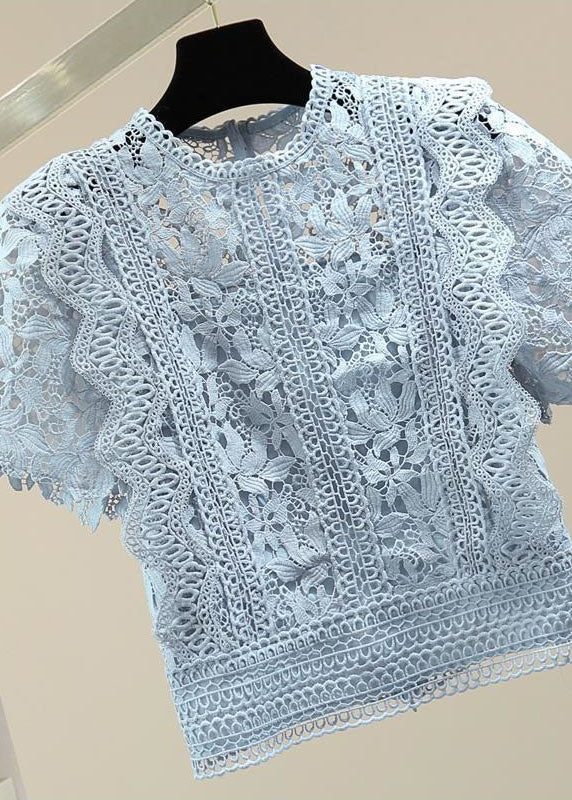 Blue Patchwork Lace Blouse Top O Neck Summer