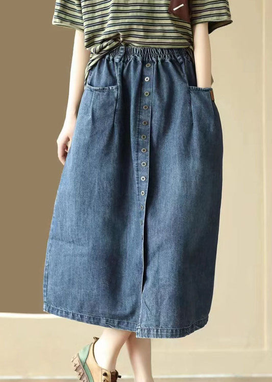 DIY Blue Pocket Elastic Waist Patchwork Wrinkle Denim Skirt Summer