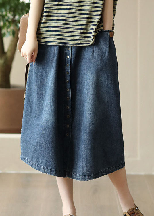 DIY Blue Pocket Elastic Waist Patchwork Wrinkle Denim Skirt Summer