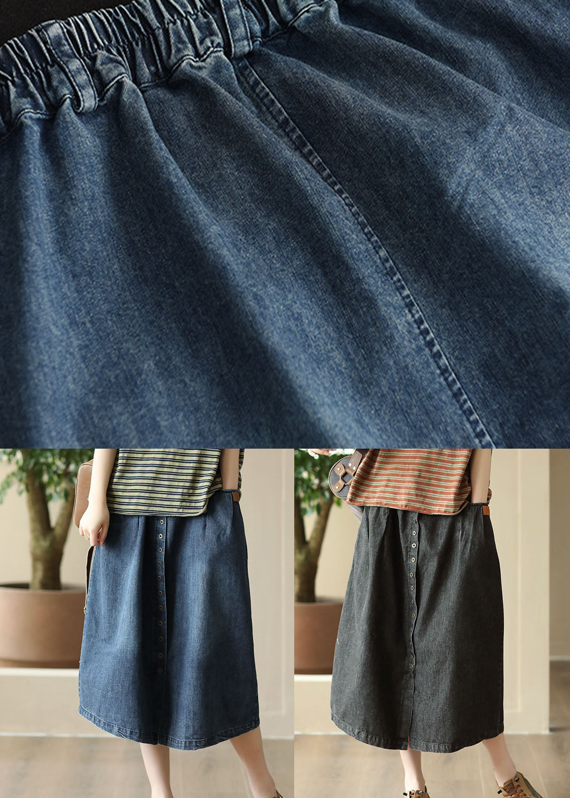 DIY Blue Pocket Elastic Waist Patchwork Wrinkle Denim Skirt Summer