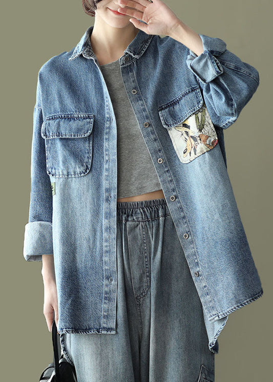 Blue Pocket Patchwork Panel Peter Pan Collar Denim Coats Long Sleeve