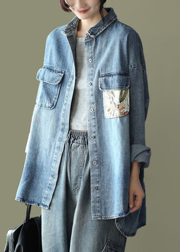 Blue Pocket Patchwork Panel Peter Pan Collar Denim Coats Long Sleeve