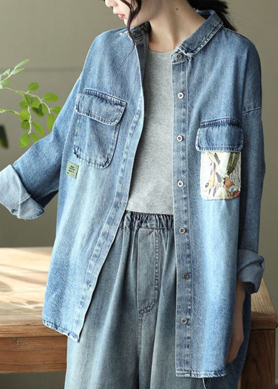 Blue Pocket Patchwork Panel Peter Pan Collar Denim Coats Long Sleeve