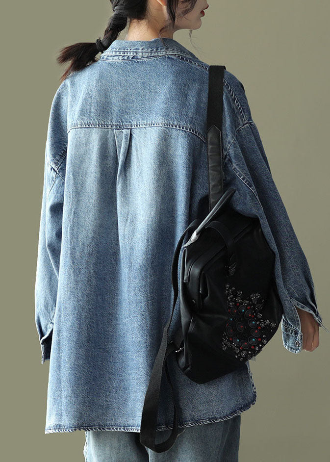 Blue Pocket Patchwork Panel Peter Pan Collar Denim Coats Long Sleeve