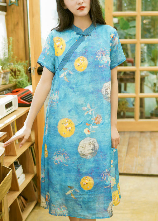 Blue Print Patchwork Linen Dress Stand Collar Short Sleeve