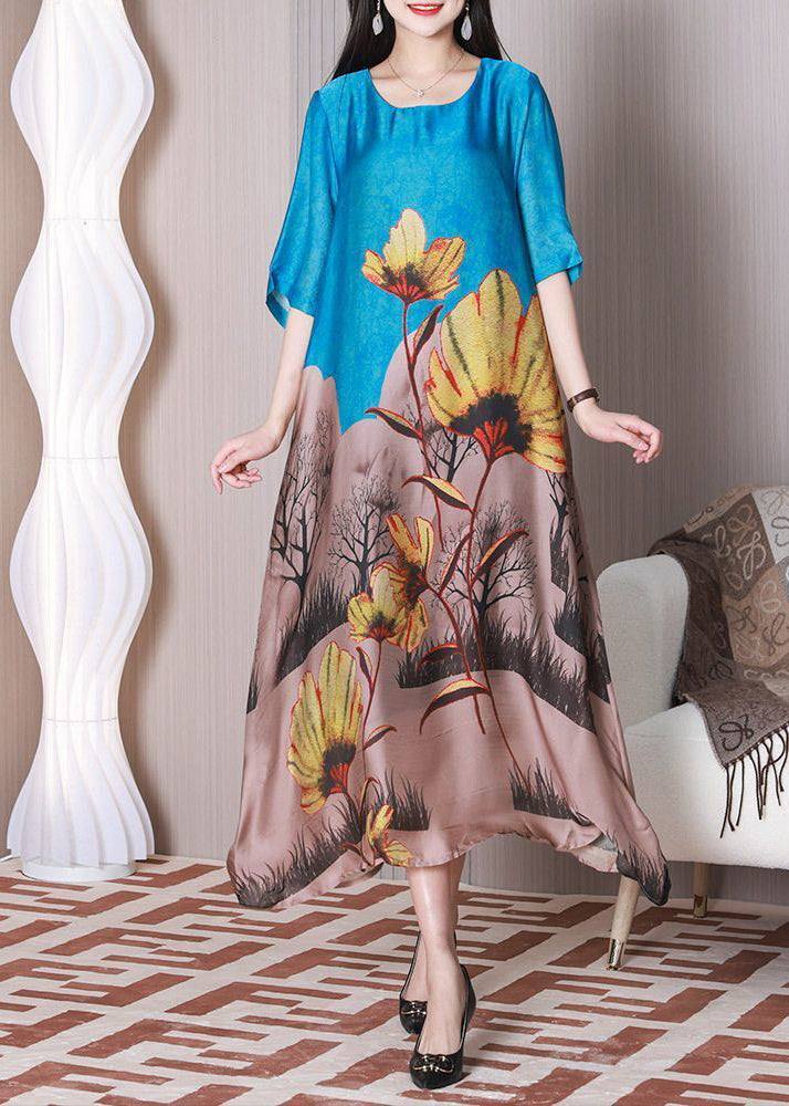 O-Neck Stylish Blue Printed Silk Half-Sleeve Holiday Dress