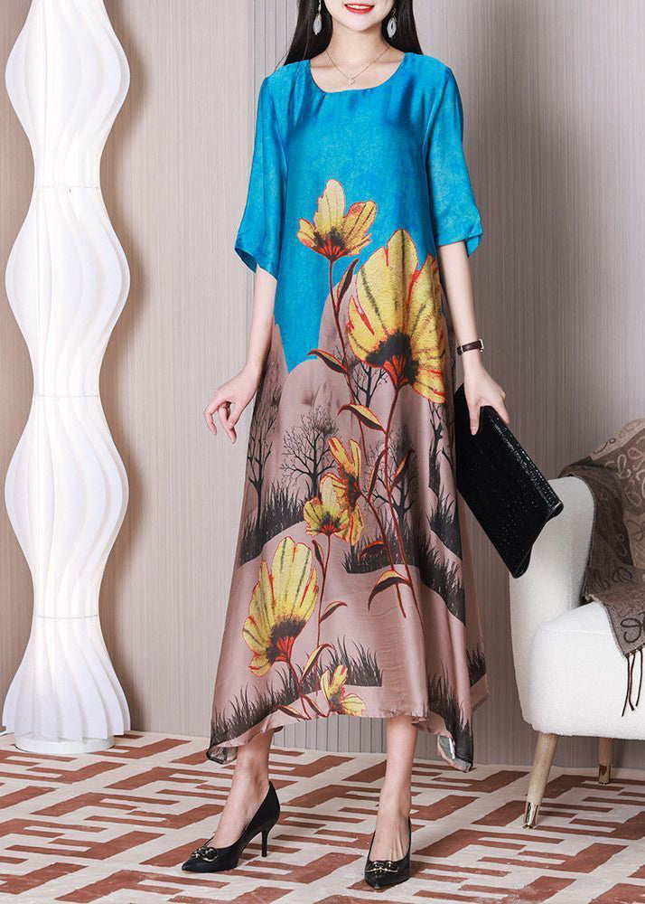 O-Neck Stylish Blue Printed Silk Half-Sleeve Holiday Dress