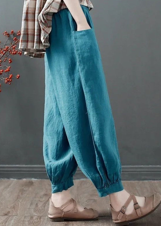 Blue Solid Loose Cotton Crop Pants High Waist Summer