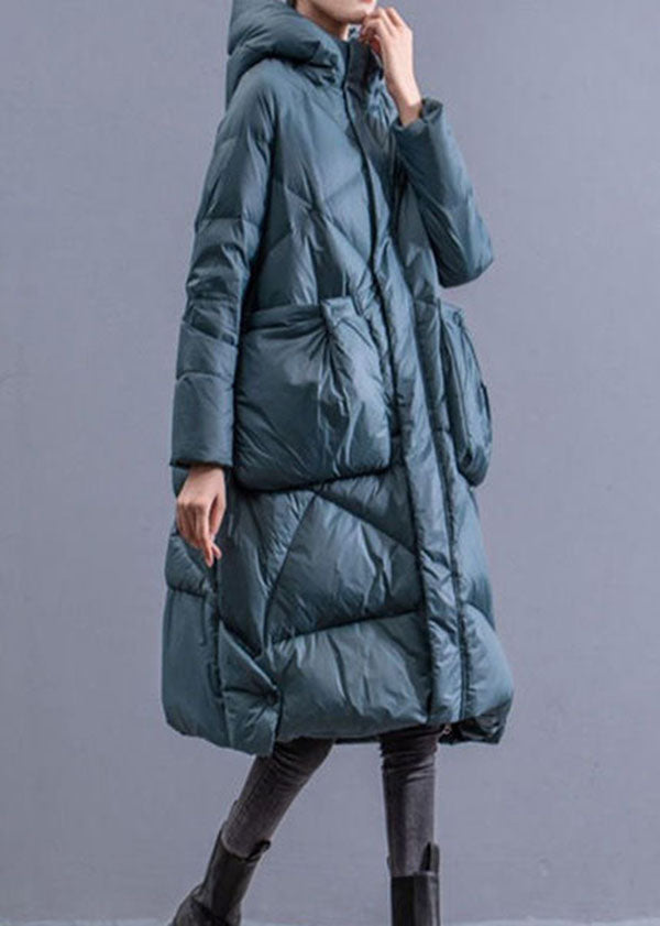 Blue Zippered Duck Down Down Coat Hooded Winter