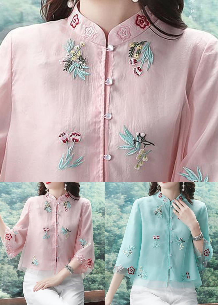 Blue Button Patchwork Shirt Top Embroideried Half Sleeve