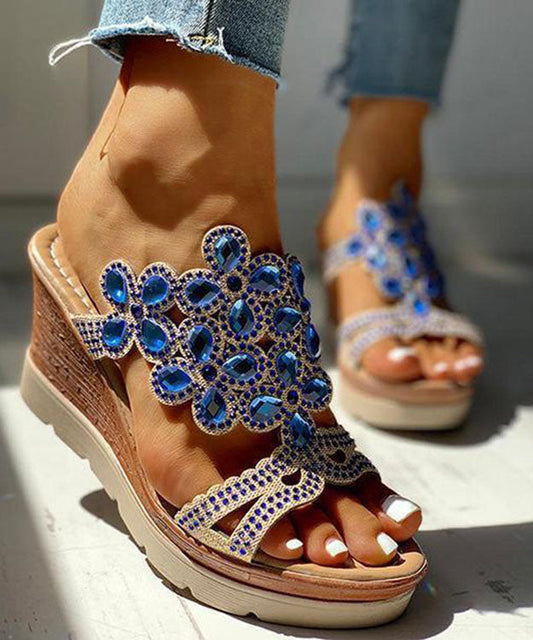 Blue Gemstone High Wedge Heels Faux Leather Peep Toe Slide Sandals