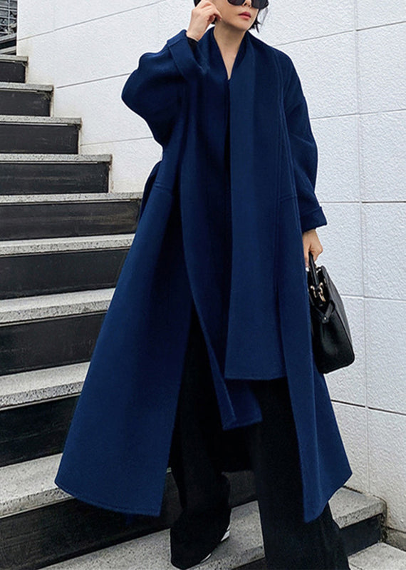 Blue Belted Waist Woolen Fall Coats Long Sleeves