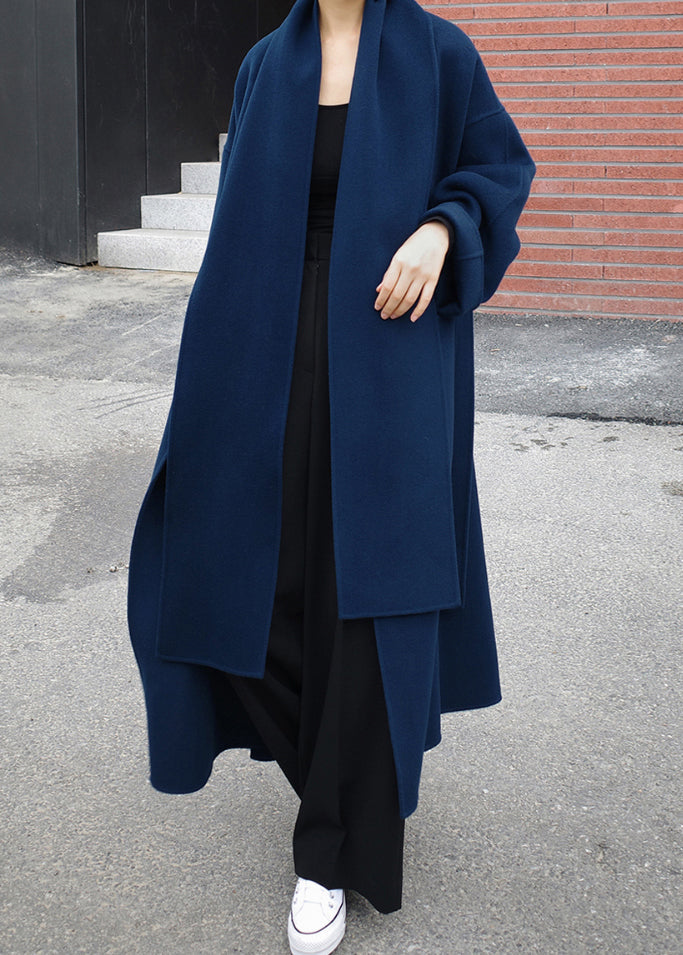 Blue Belted Waist Woolen Fall Coats Long Sleeves