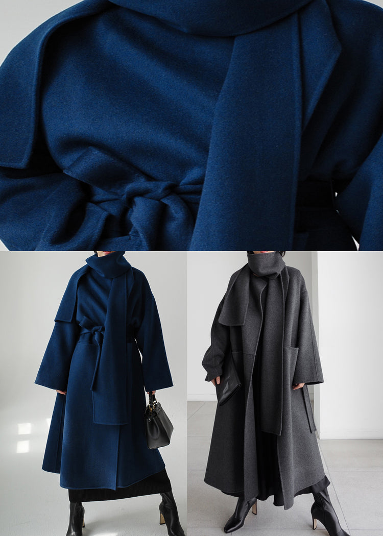 Blue Belted Waist Woolen Fall Coats Long Sleeves